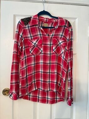 Guess Pink Plaid Button-Down Shirt with Beaded Shoulders